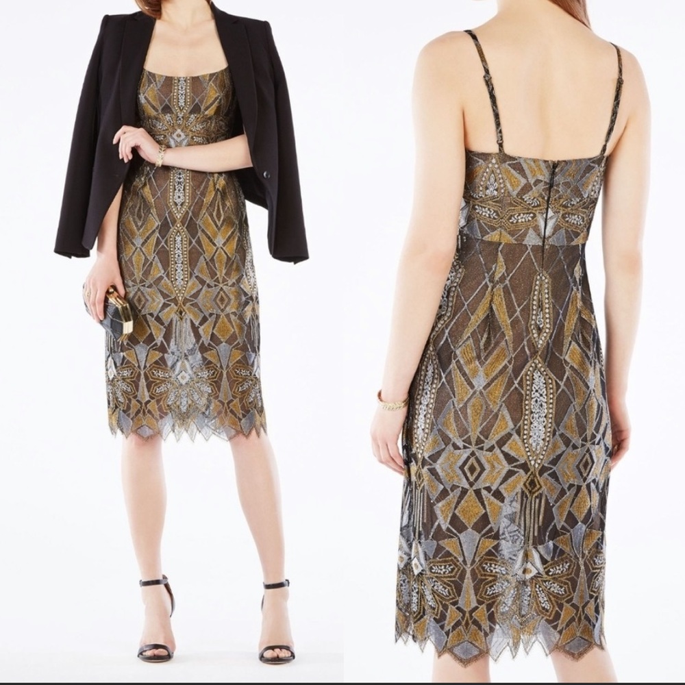 BCBG Metallic Gold Midi Dress
